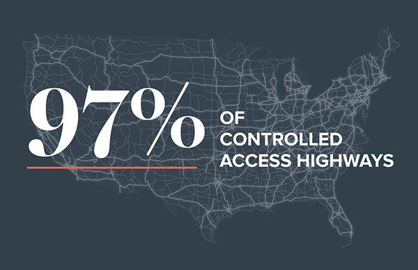 Dark background map highlighting 97% of controlled access highways