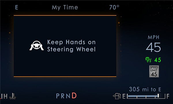 Steering wheel and information cluster of a Lincoln Vehicle while BlueCruise is operating