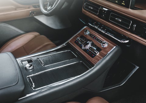 The front center console of a 2024 Lincoln Aviator® SUV is shown | Parkway Lincoln in Winston Salem NC