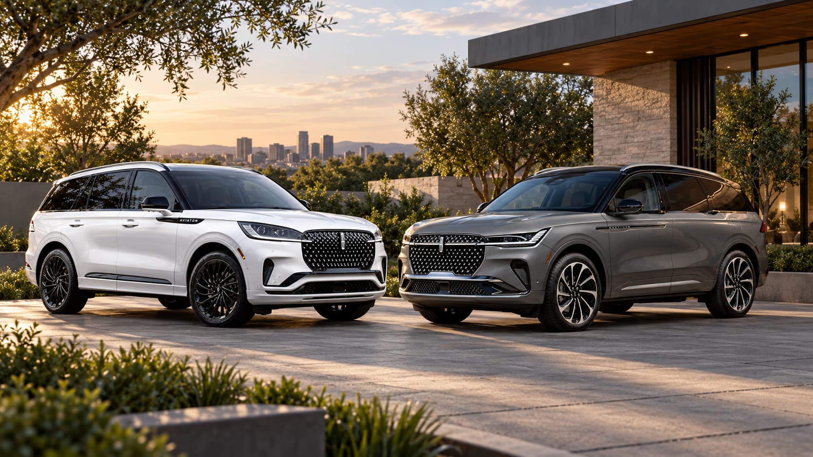 A 2026 white Lincoln Aviator parked next to a 2026 grey Lincoln Nautilus in a residential driveway with a city scape in the background.